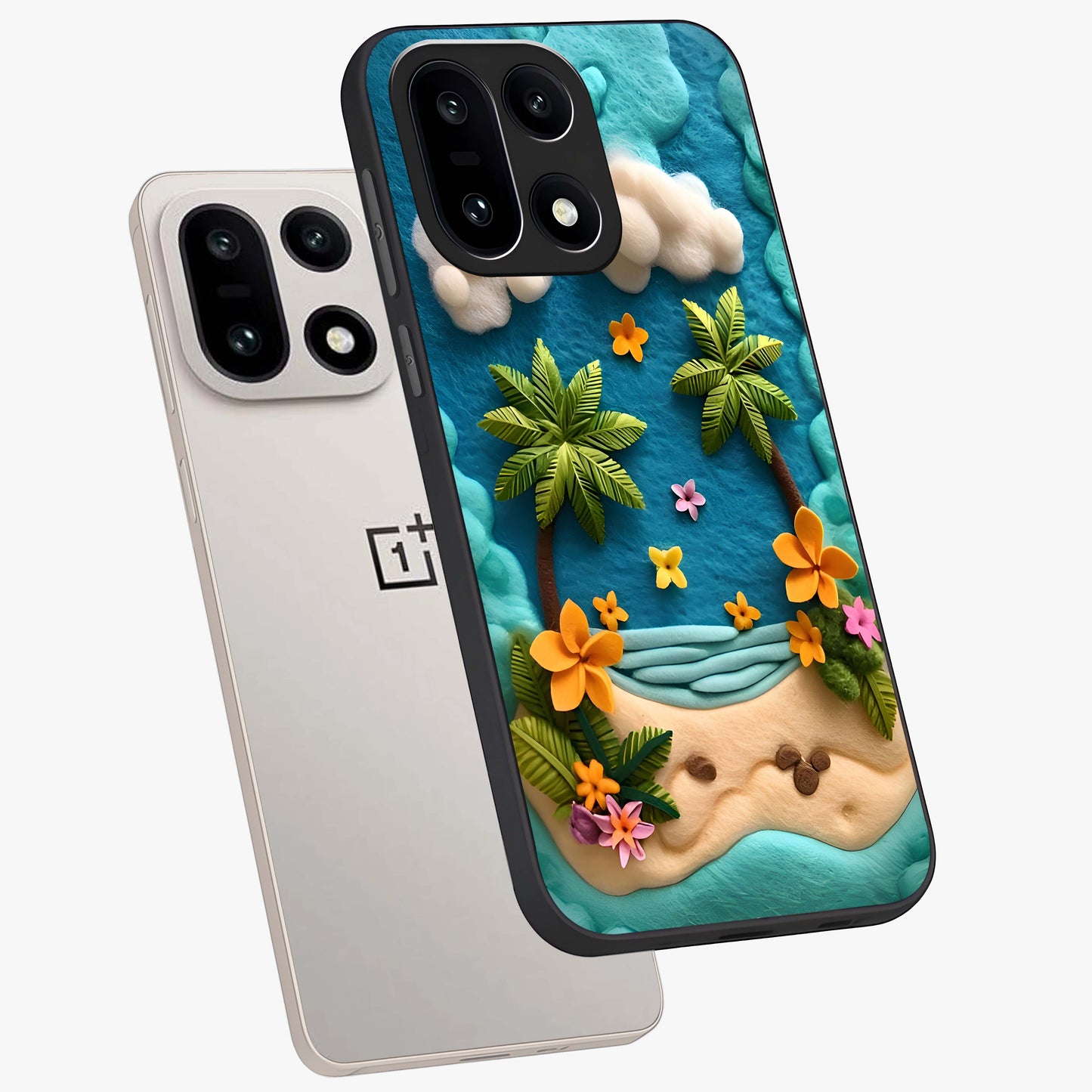 Tropical Felt Escape Glass Case for 1+15 angled mockup showcasing glossy finish and vibrant island tones