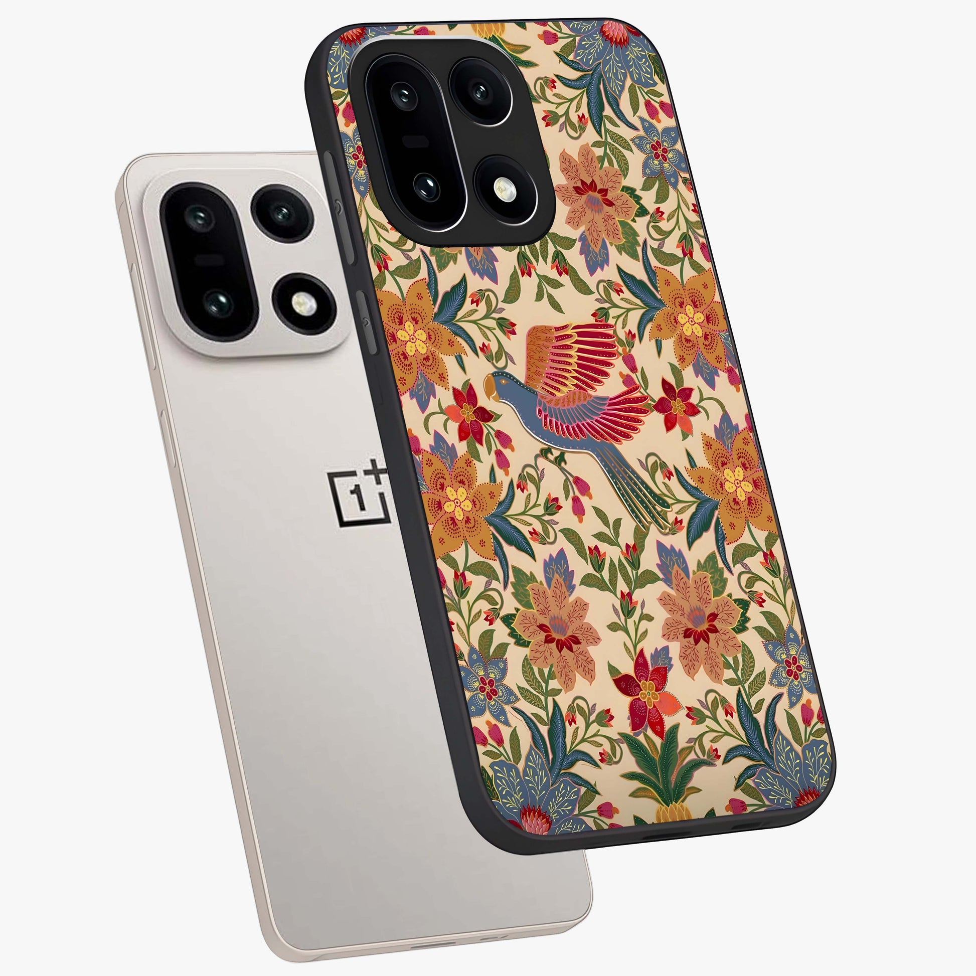 Tropical Folk Art Bird Glass Case for 1+15 angled mockup showcasing glossy finish and rich cultural tones
