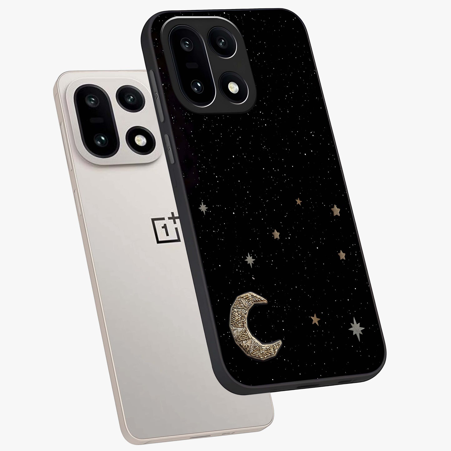 Twinkle Star With Half Moon Glass Case for 1+15 angled mockup showcasing glossy finish and celestial night tones