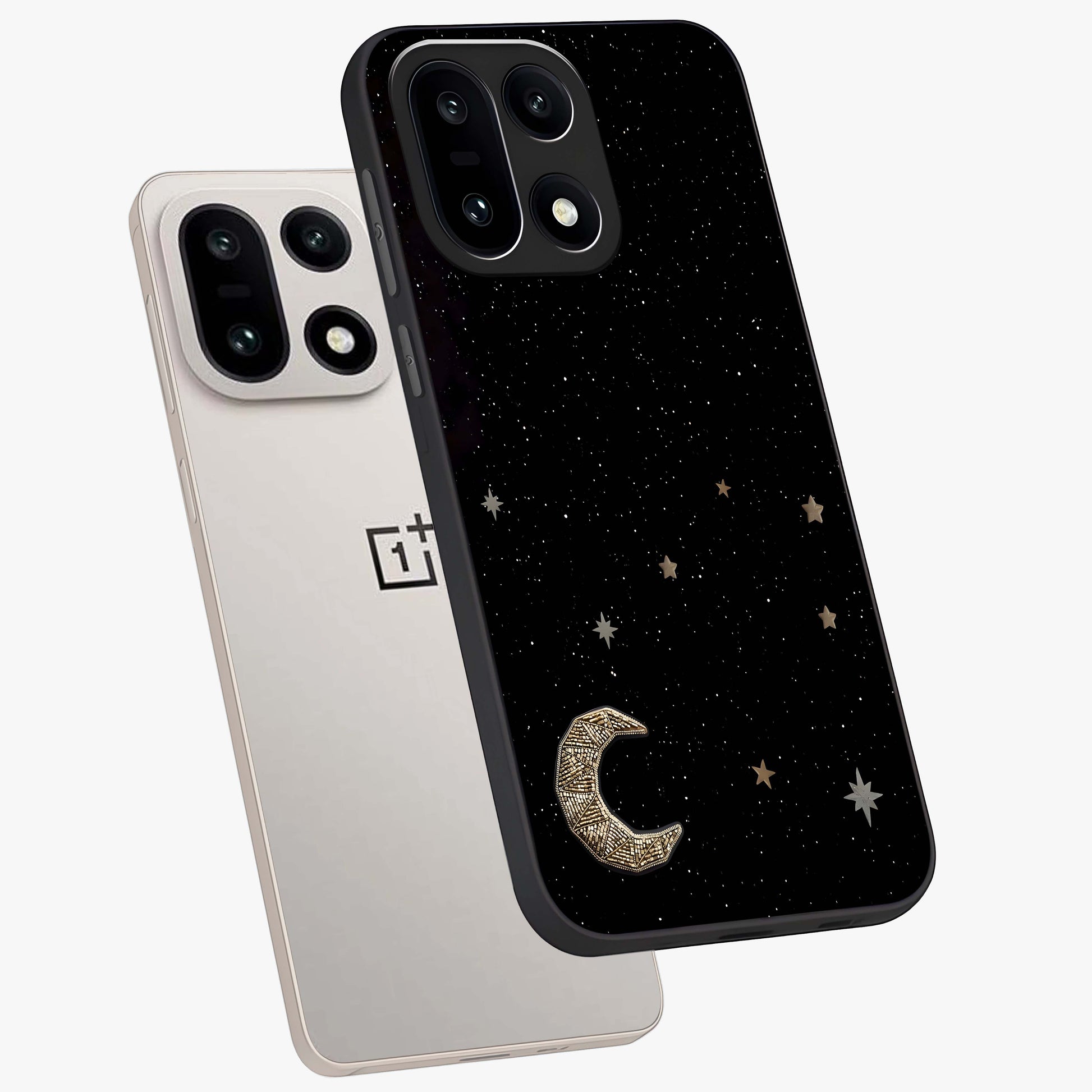Twinkle Star With Half Moon Glass Case for 1+15 angled mockup showcasing glossy finish and celestial night tones