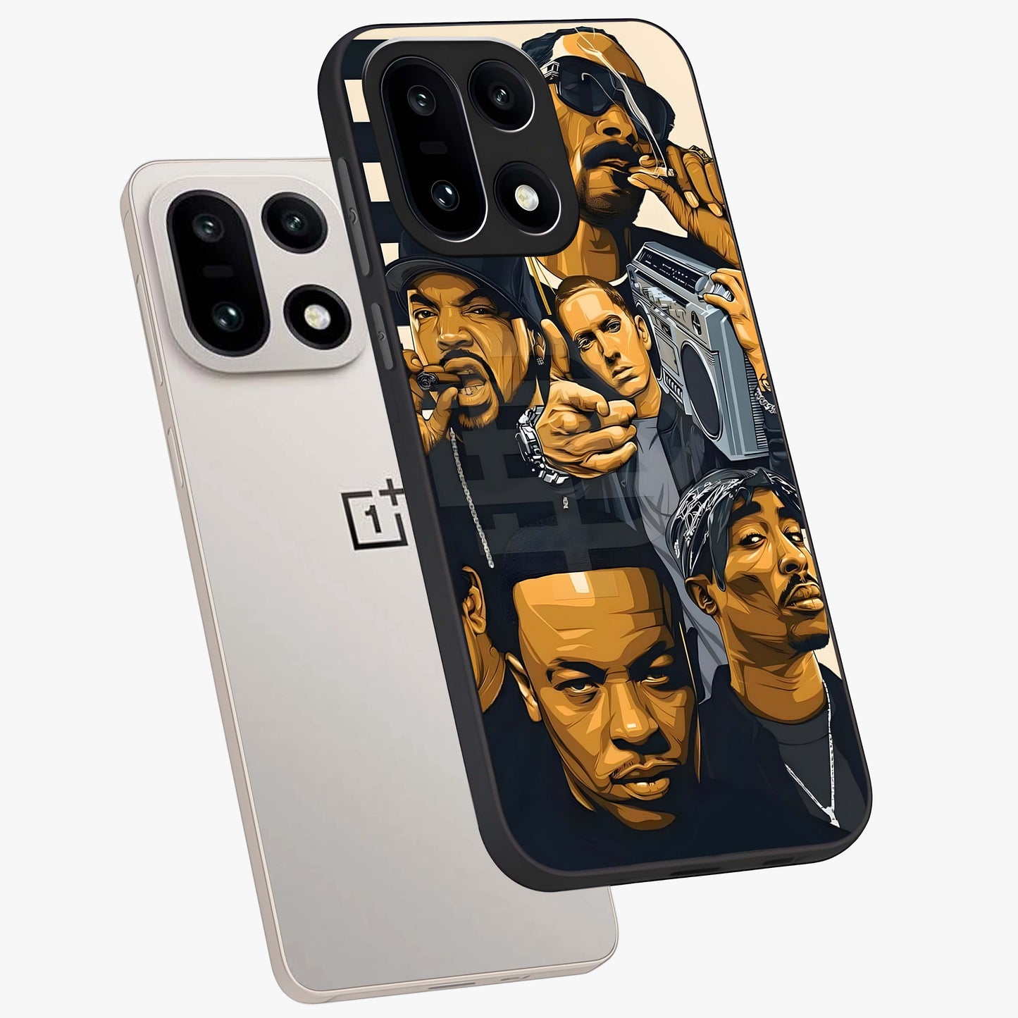 Urban Rap Legends Glass Case for 1+15 angled mockup showcasing glossy finish and edgy urban detailing