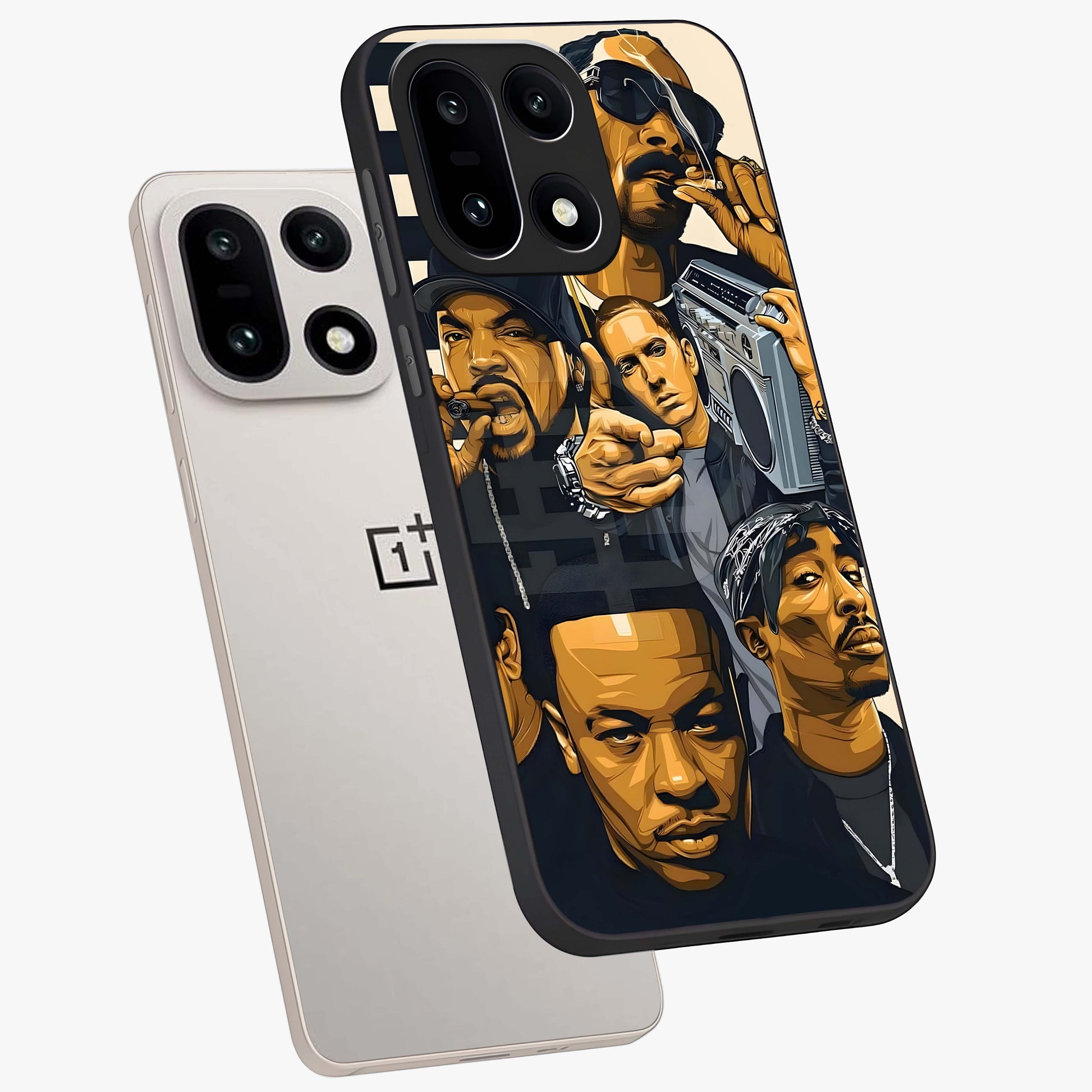 Urban Rap Legends Glass Case for 1+15 angled mockup showcasing glossy finish and edgy urban detailing