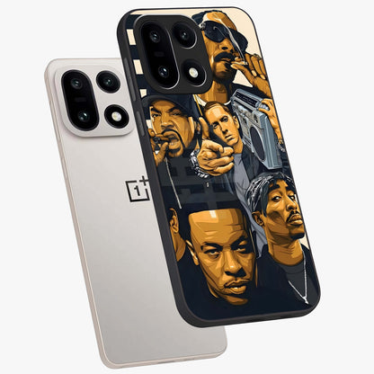 Urban Rap Legends Glass Case for 1+15 angled mockup showcasing glossy finish and edgy urban detailing