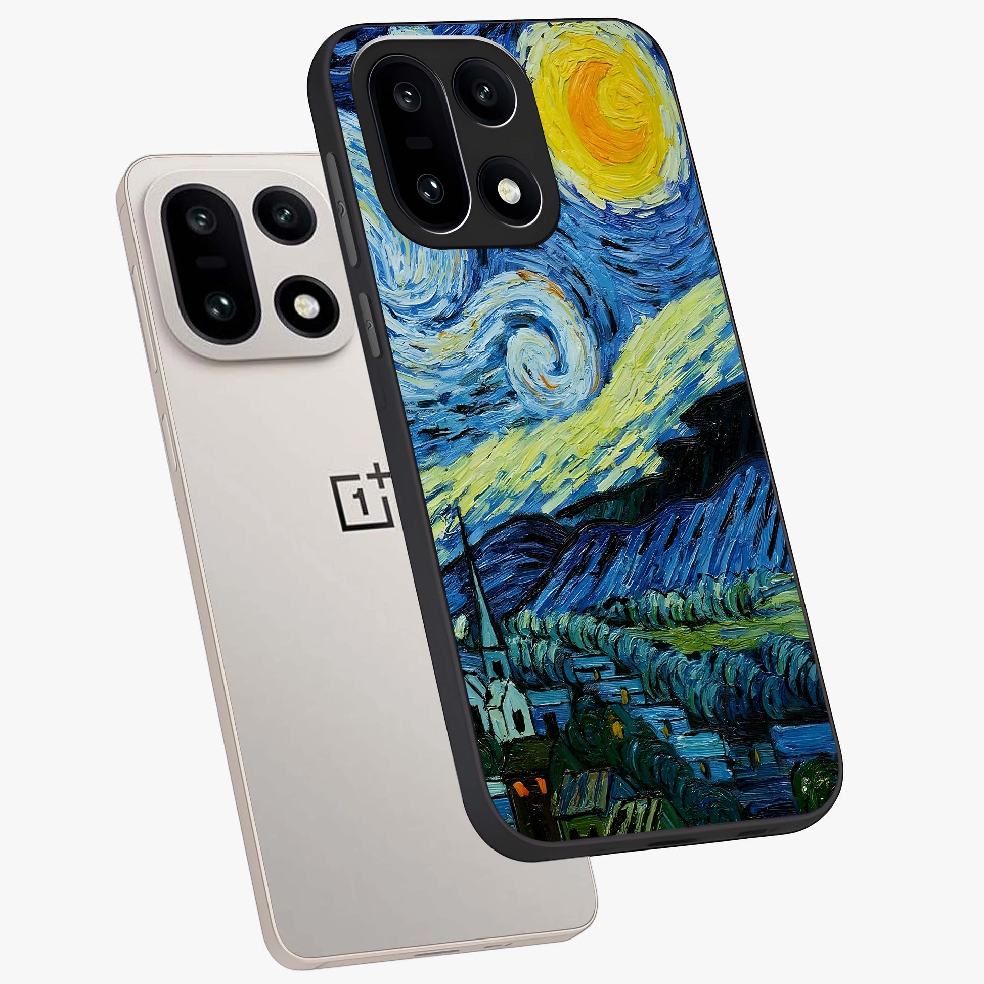 Van Gogh Art Glass Case for 1+15 angled mockup showcasing glossy finish and rich brushstroke textures