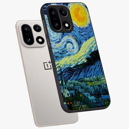 Van Gogh Art Glass Case for 1+15 angled mockup showcasing glossy finish and rich brushstroke textures