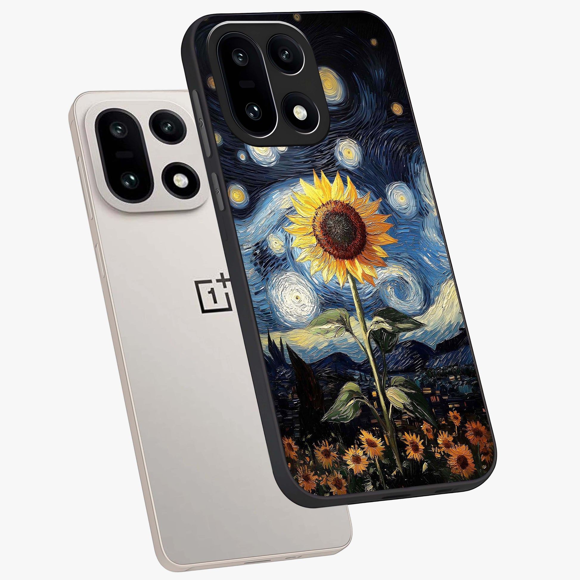 Van Gogh Sunflower Glass Case for 1+15 angled mockup showcasing glossy finish and bold yellow tones