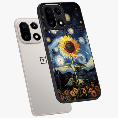 Van Gogh Sunflower Glass Case for 1+15 angled mockup showcasing glossy finish and bold yellow tones