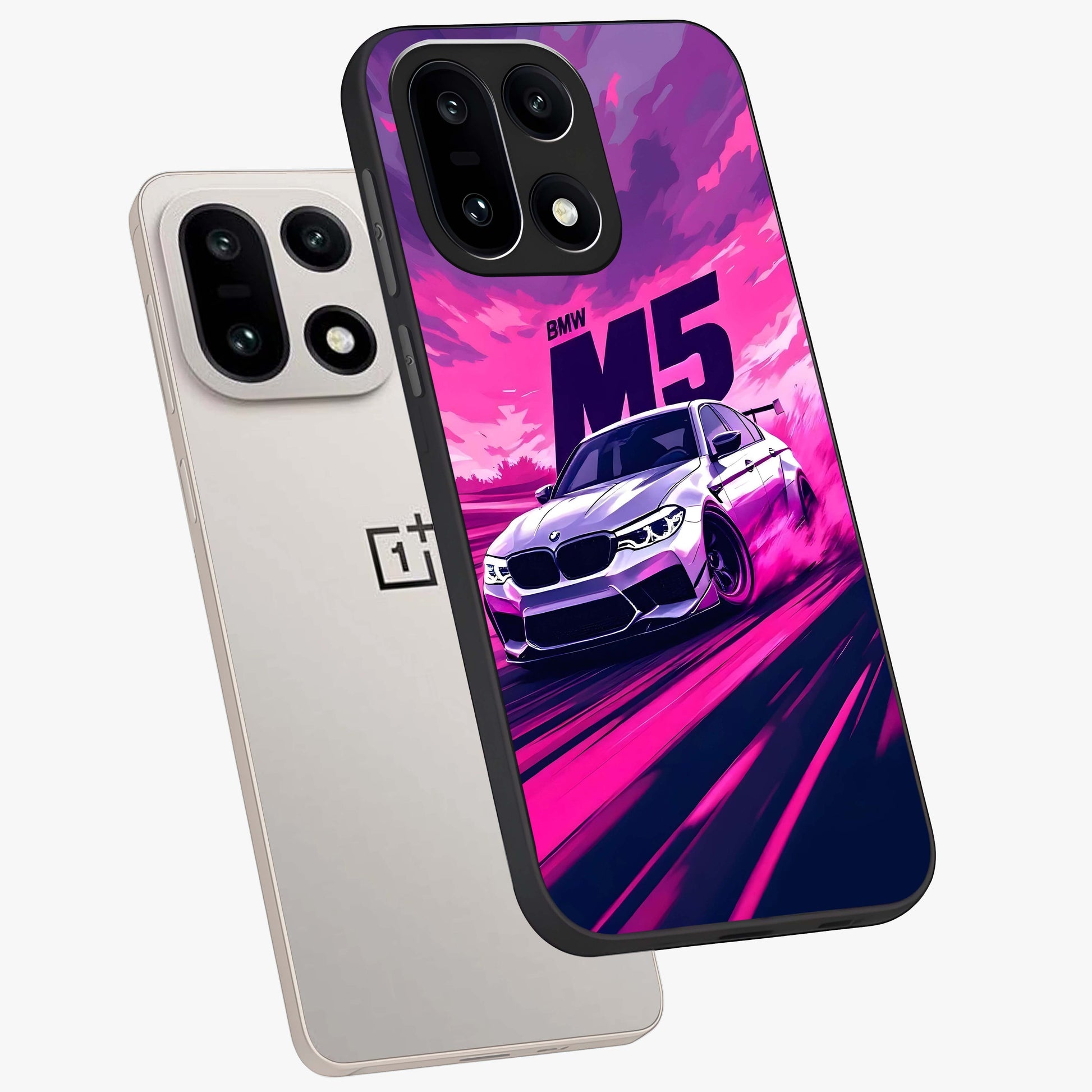 Velocity Drift Pulse Glass Case for 1+15 angled mockup showcasing glossy finish and bold speed gradients