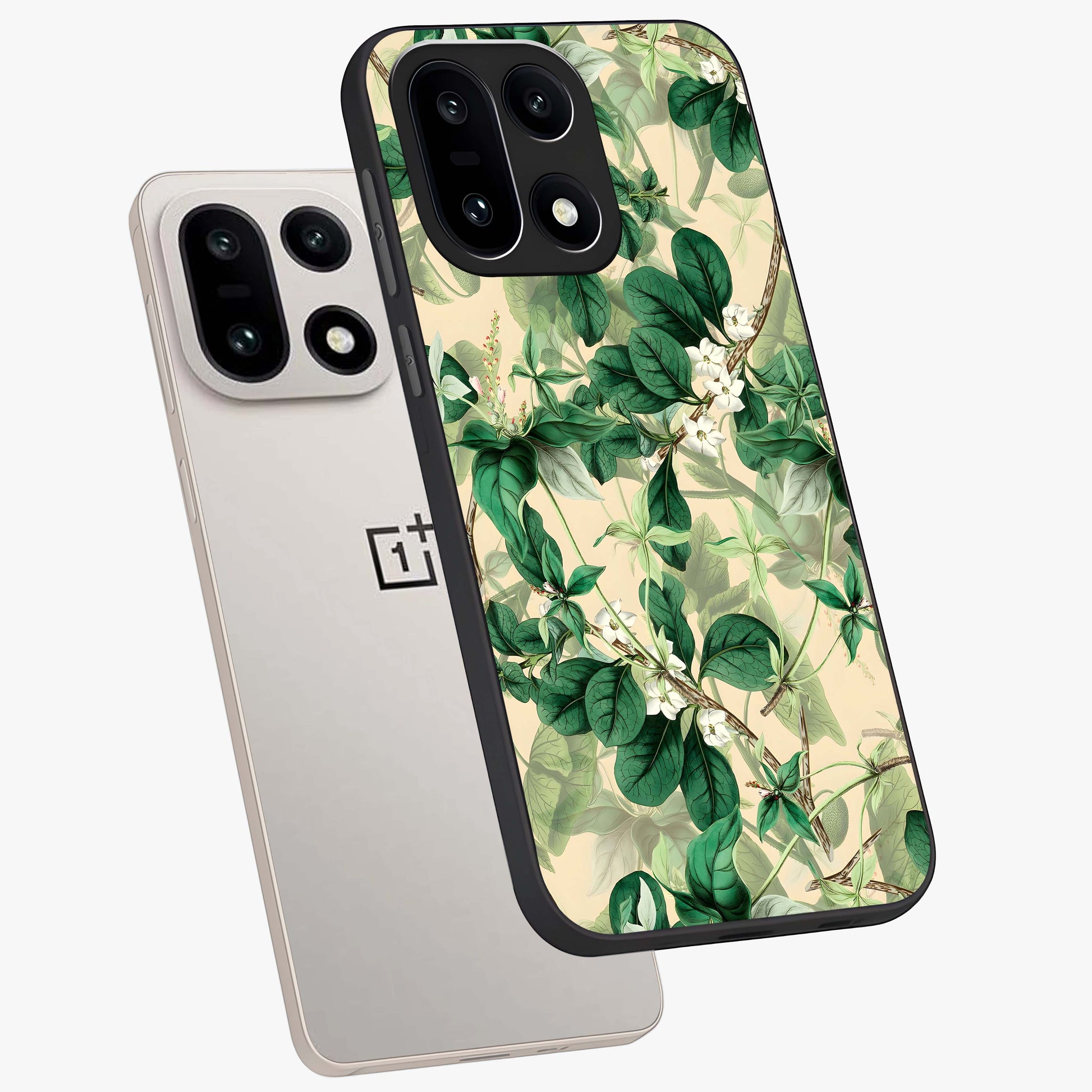 Verdant Garden Whispers Glass Case for 1+15 angled mockup showcasing glossy finish and natural earthy tones