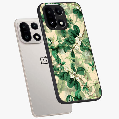 Verdant Garden Whispers Glass Case for 1+15 angled mockup showcasing glossy finish and natural earthy tones