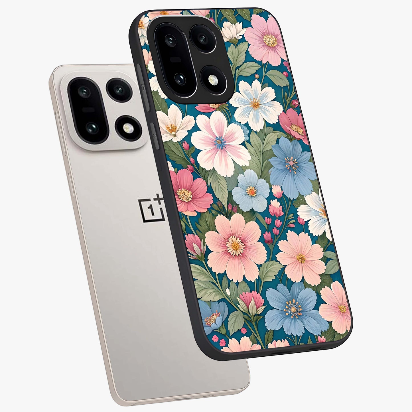 Vintage Floral Charm Glass Case for 1+15 angled mockup showcasing glossy finish and warm pastel tones