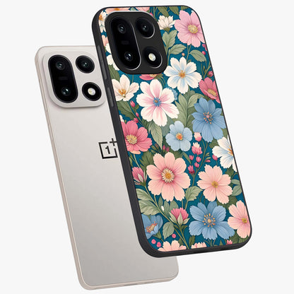 Vintage Floral Charm Glass Case for 1+15 angled mockup showcasing glossy finish and warm pastel tones