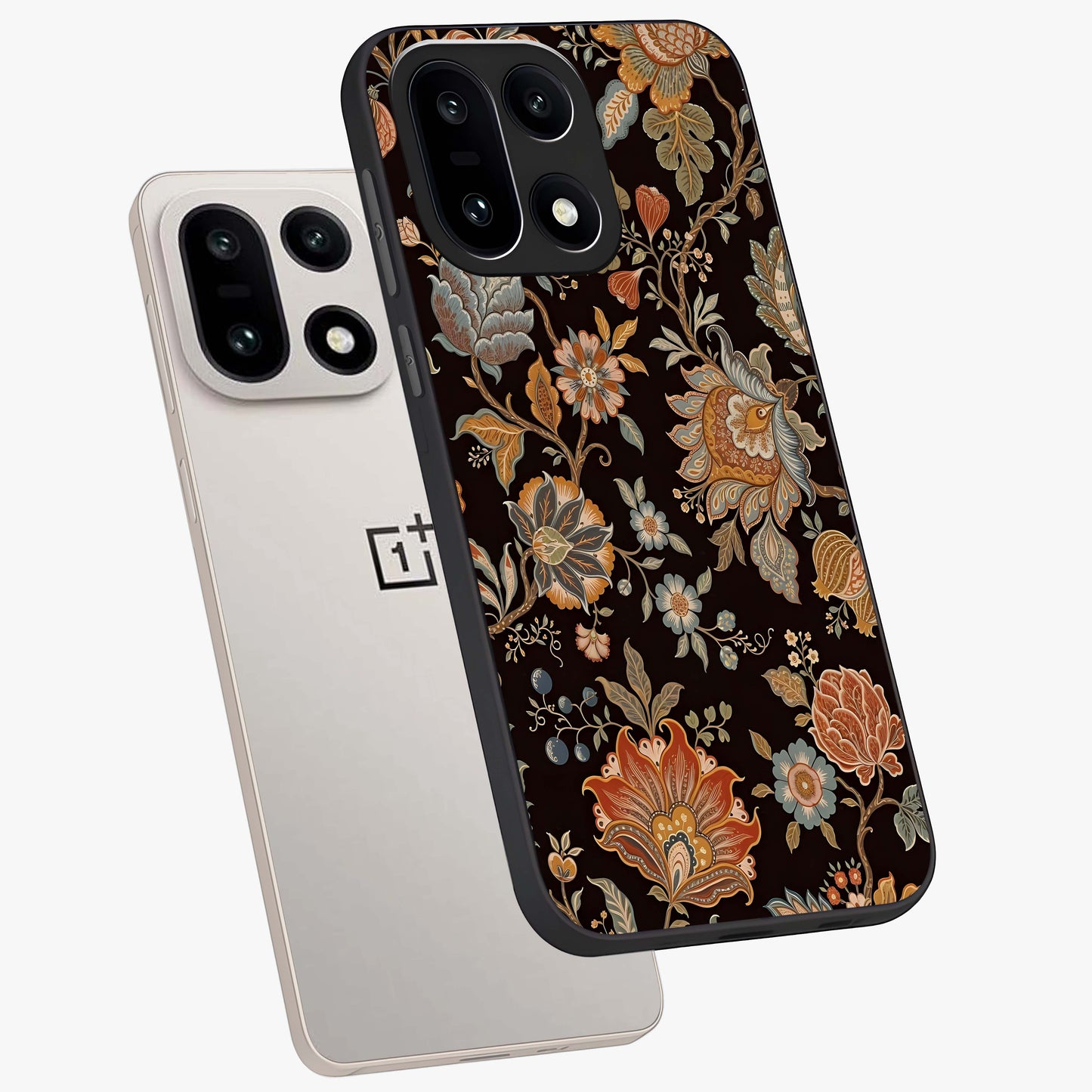 Vintage Floral Dream Glass Case for 1+15 angled mockup showcasing glossy finish and muted romantic tones