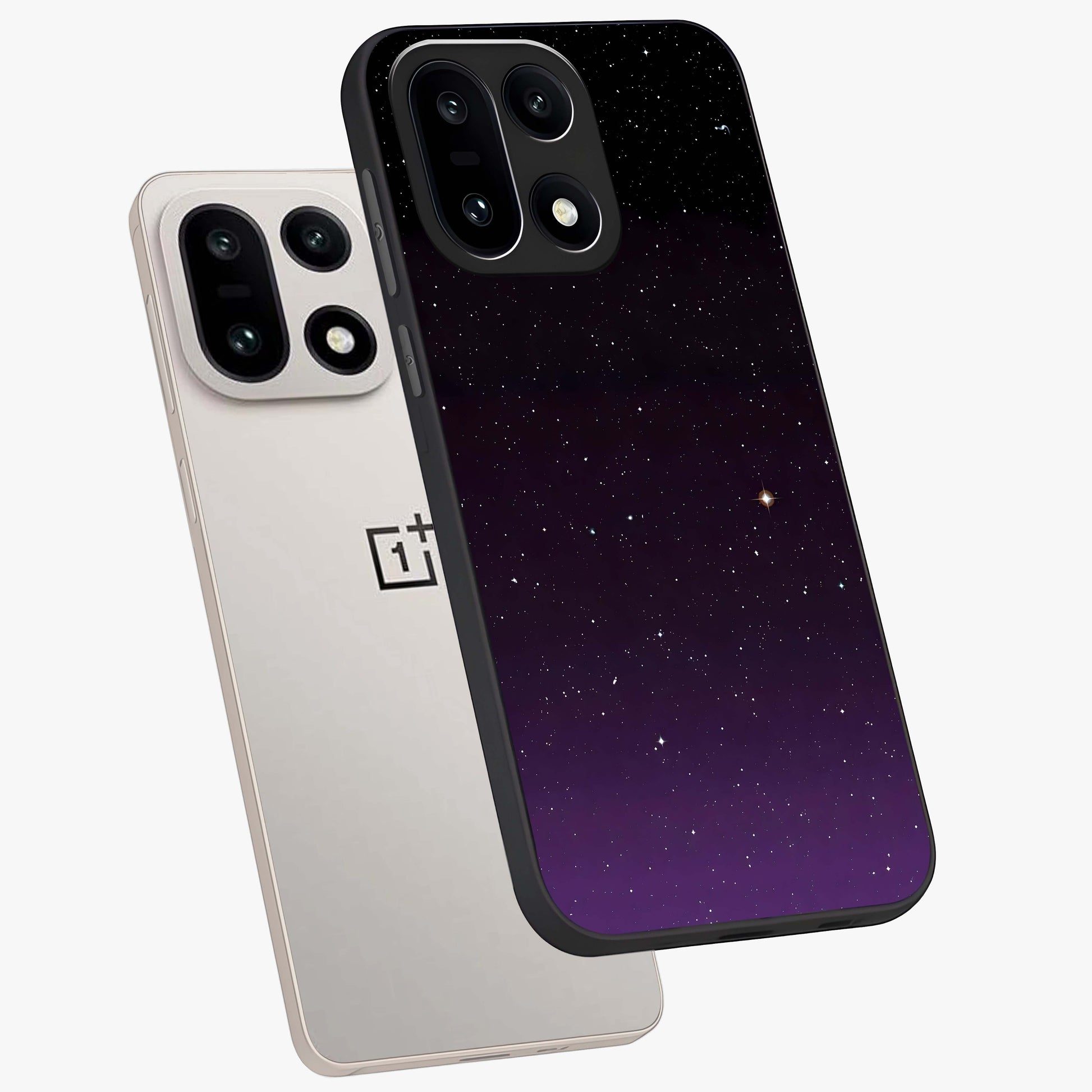 Violet and Black Shade Glass Case for 1+15 angled mockup showcasing glossy finish and dramatic contrast tones