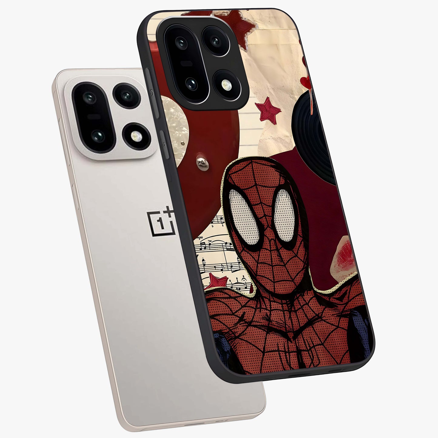 Web Warrior Vibes Glass Case for 1+15 angled mockup showcasing glossy finish and bold comic style detailing