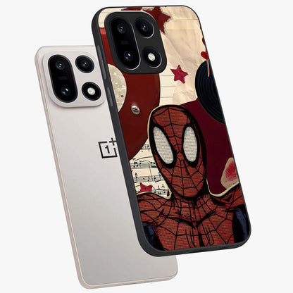 Web Warrior Vibes Glass Case for 1+15 angled mockup showcasing glossy finish and bold comic style detailing