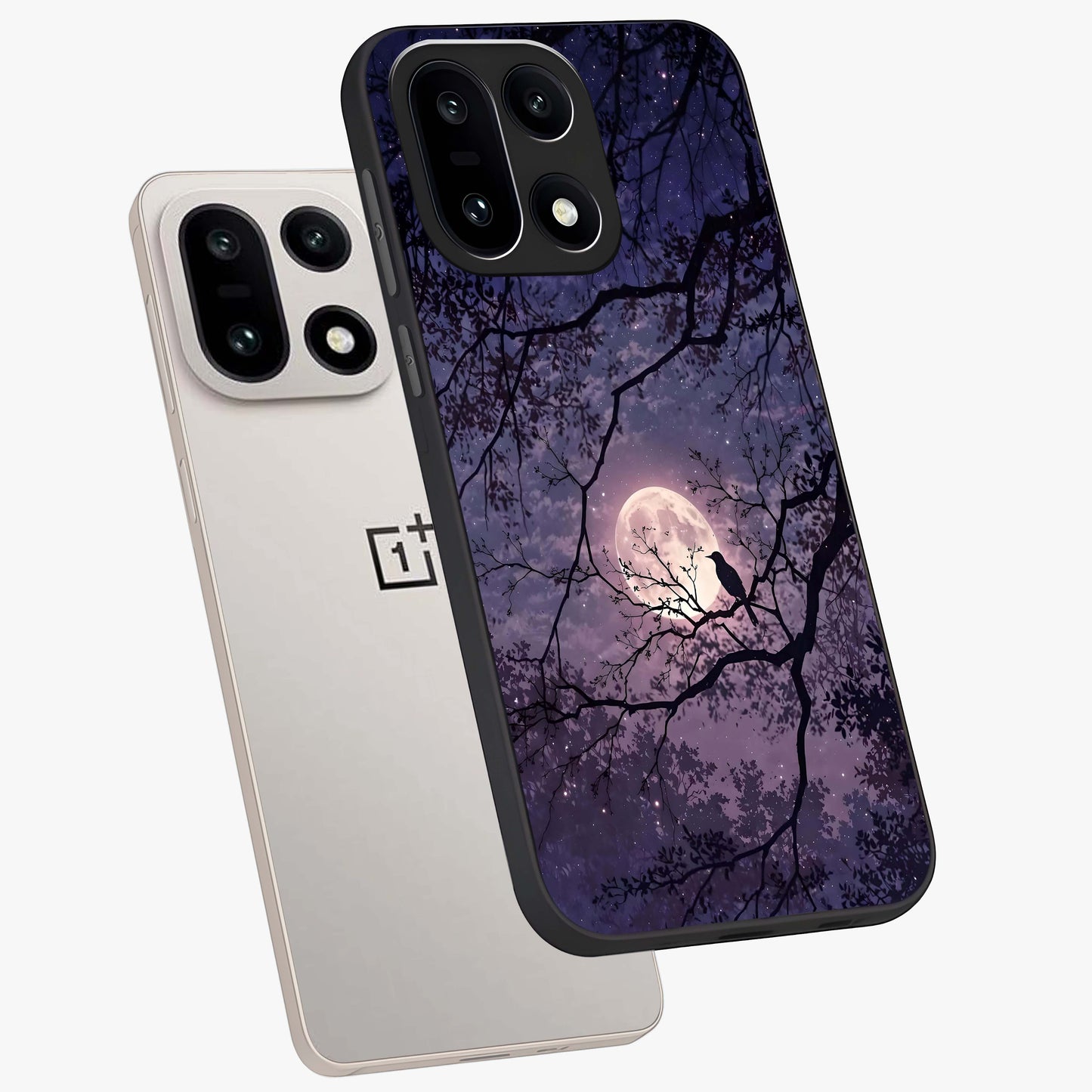 Whispering Moon Silence Glass Case for 1+15 angled mockup showcasing glossy finish and subtle celestial detailing