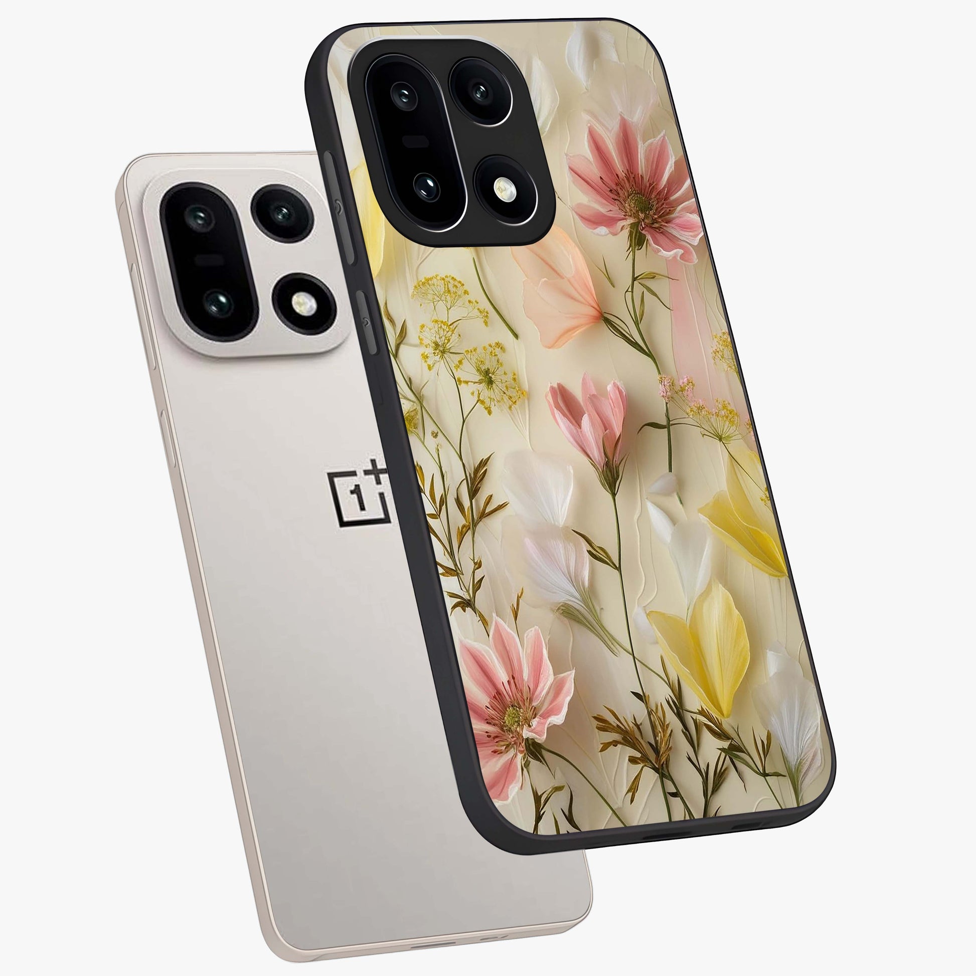 Whispering Petal Harmony Glass Case for 1+15 angled mockup showcasing glossy finish and delicate bloom detailing