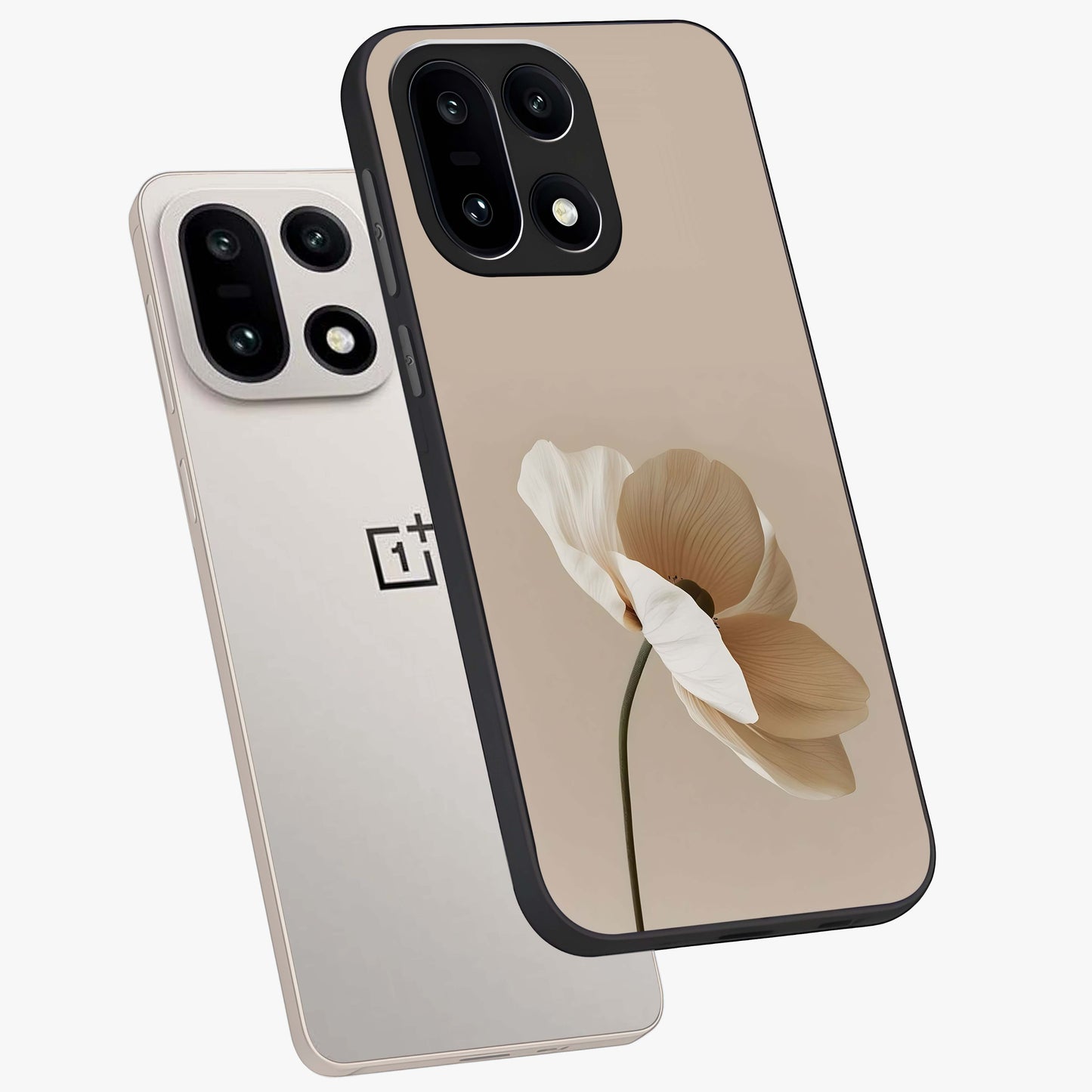 Whispering Petals Glass Case for 1+15 angled mockup showcasing glossy finish and muted romantic tones