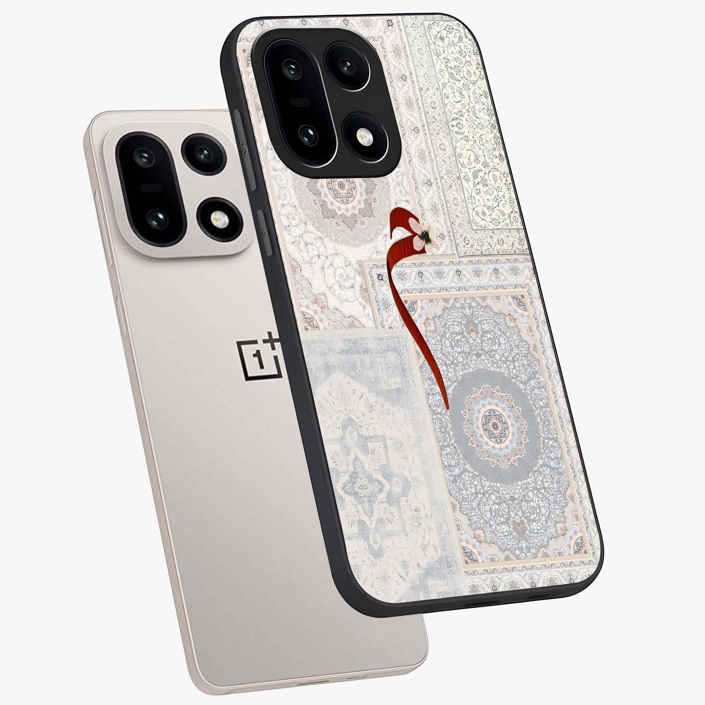 White Aesthetic Bow Glass Case for 1+15 angled mockup showcasing glossy finish and elegant pastel detailing