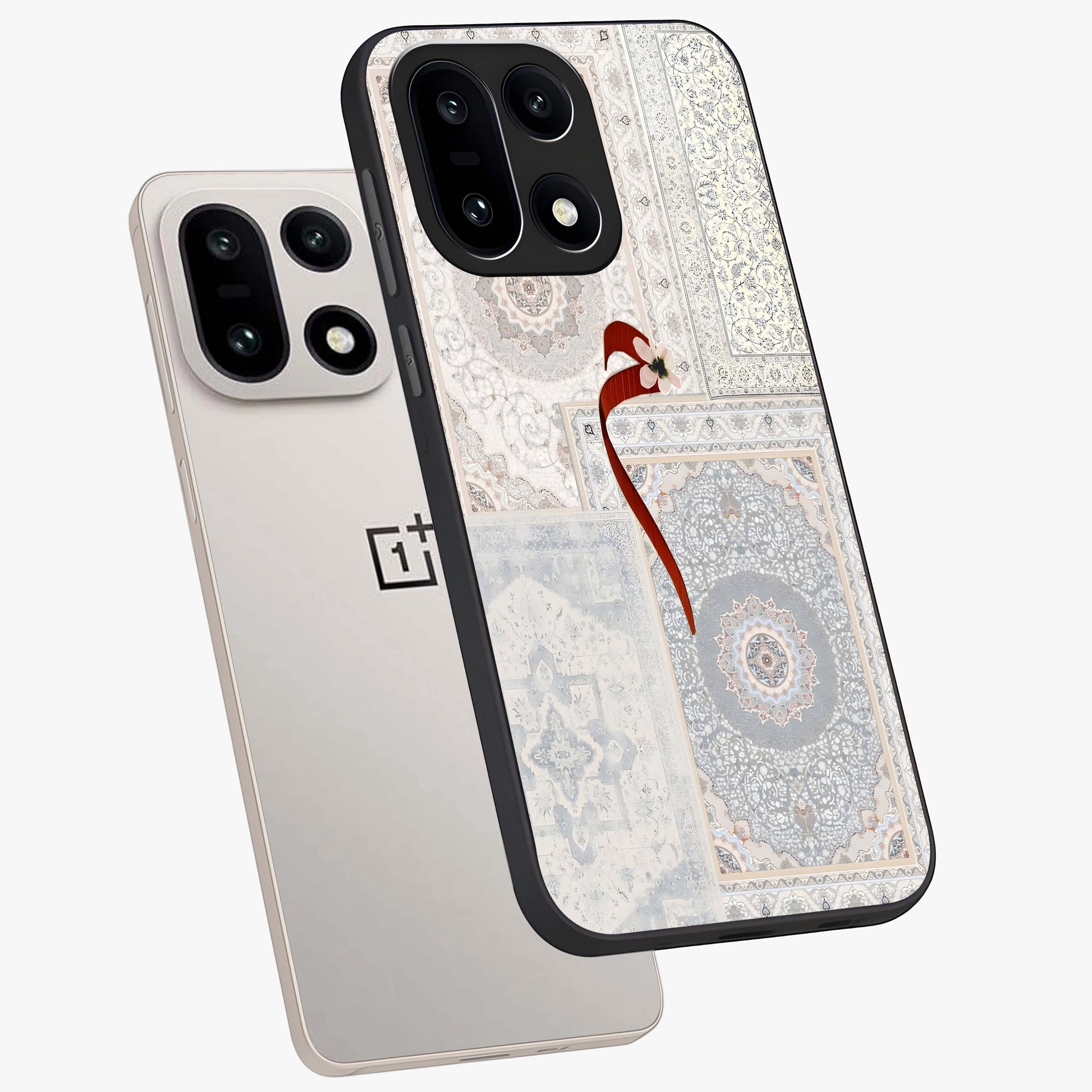 White Aesthetic Bow Glass Case for 1+15 angled mockup showcasing glossy finish and elegant pastel detailing