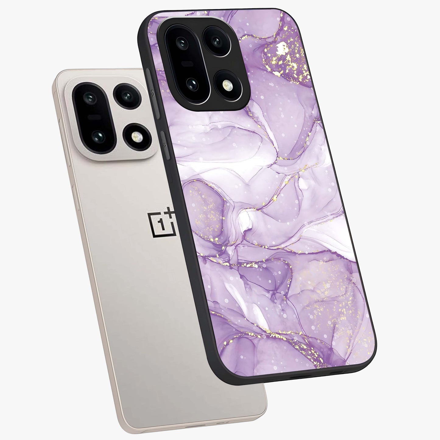 White and Purple Marble Glass Case for 1+15 angled mockup showcasing glossy finish and refined stone detailing