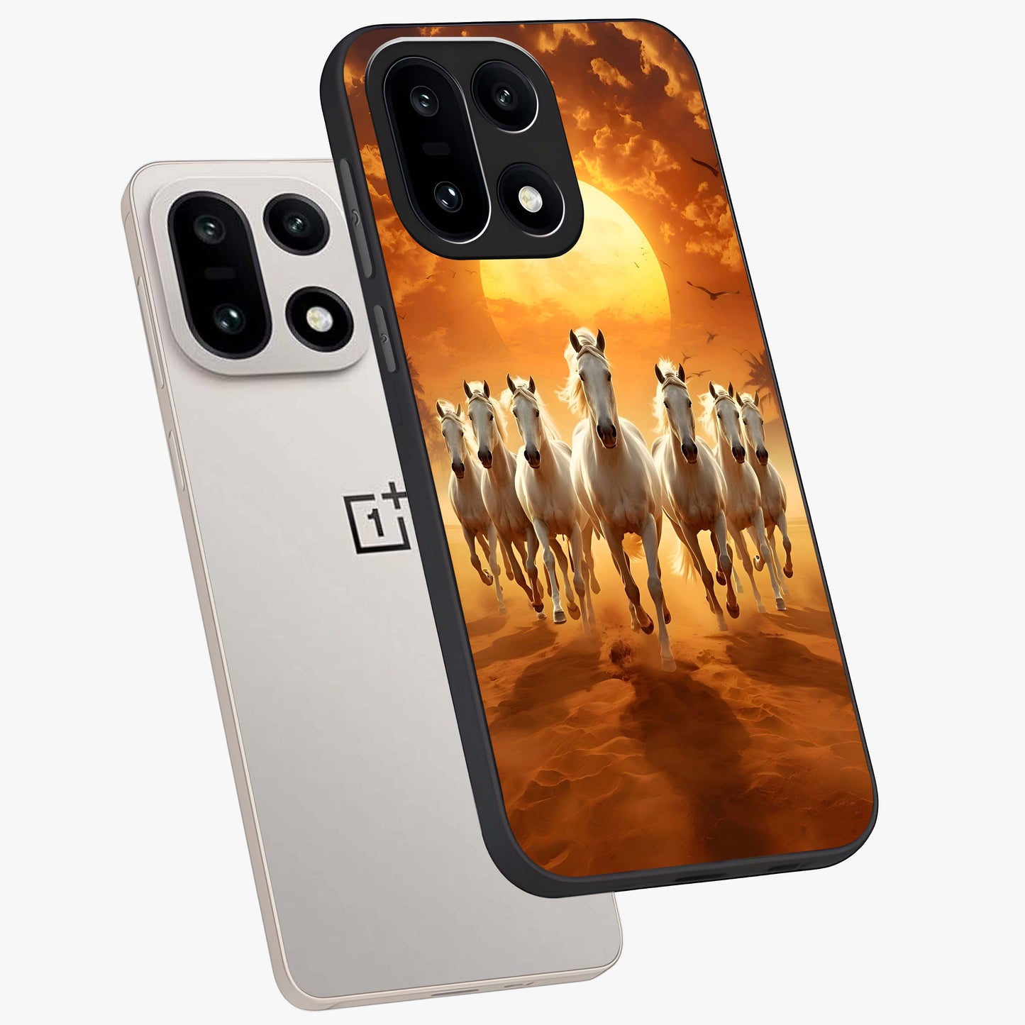 Wild Sunset Majesty Glass Case for 1+15 angled mockup showcasing glossy finish and warm fiery gradients