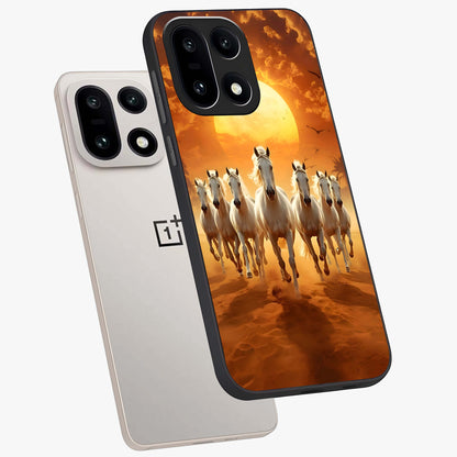 Wild Sunset Majesty Glass Case for 1+15 angled mockup showcasing glossy finish and warm fiery gradients