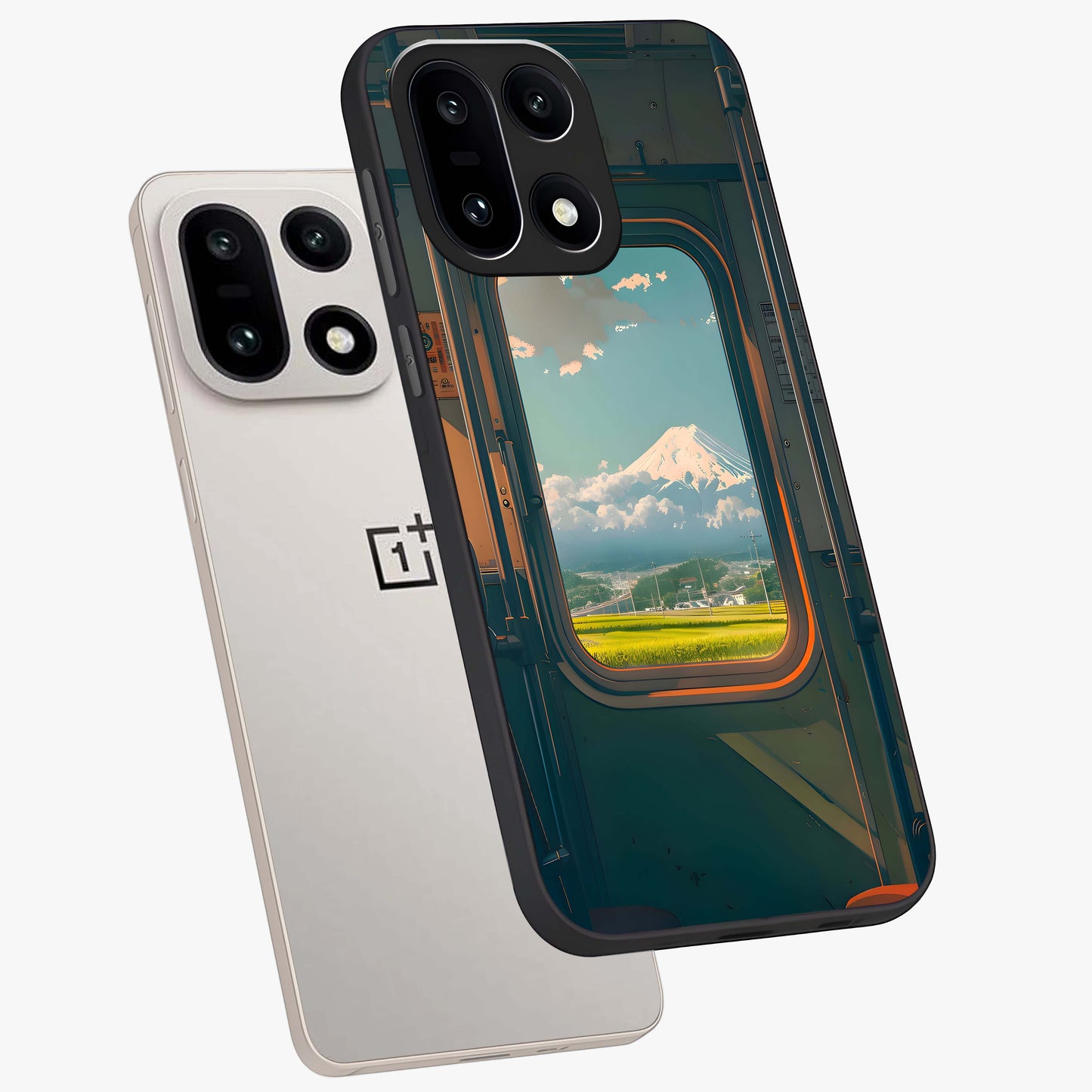 Window to Fuji Glass Case for 1+15 angled mockup showcasing glossy finish and serene landscape tones