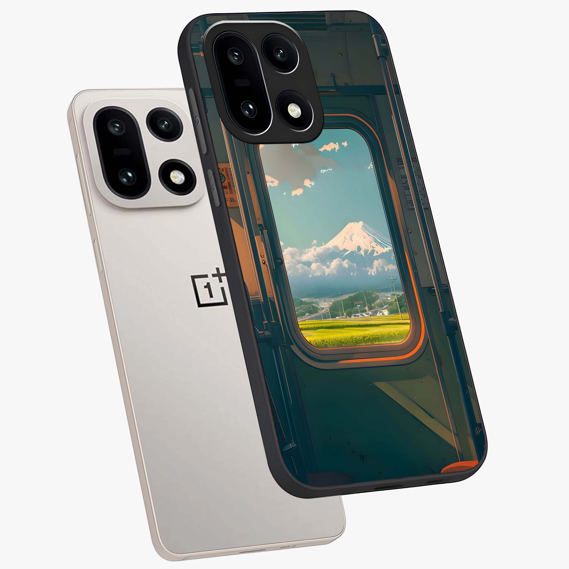 Window to Fuji Glass Case for 1+15 angled mockup showcasing glossy finish and serene landscape tones