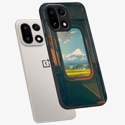 Window to Fuji Glass Case for 1+15 angled mockup showcasing glossy finish and serene landscape tones