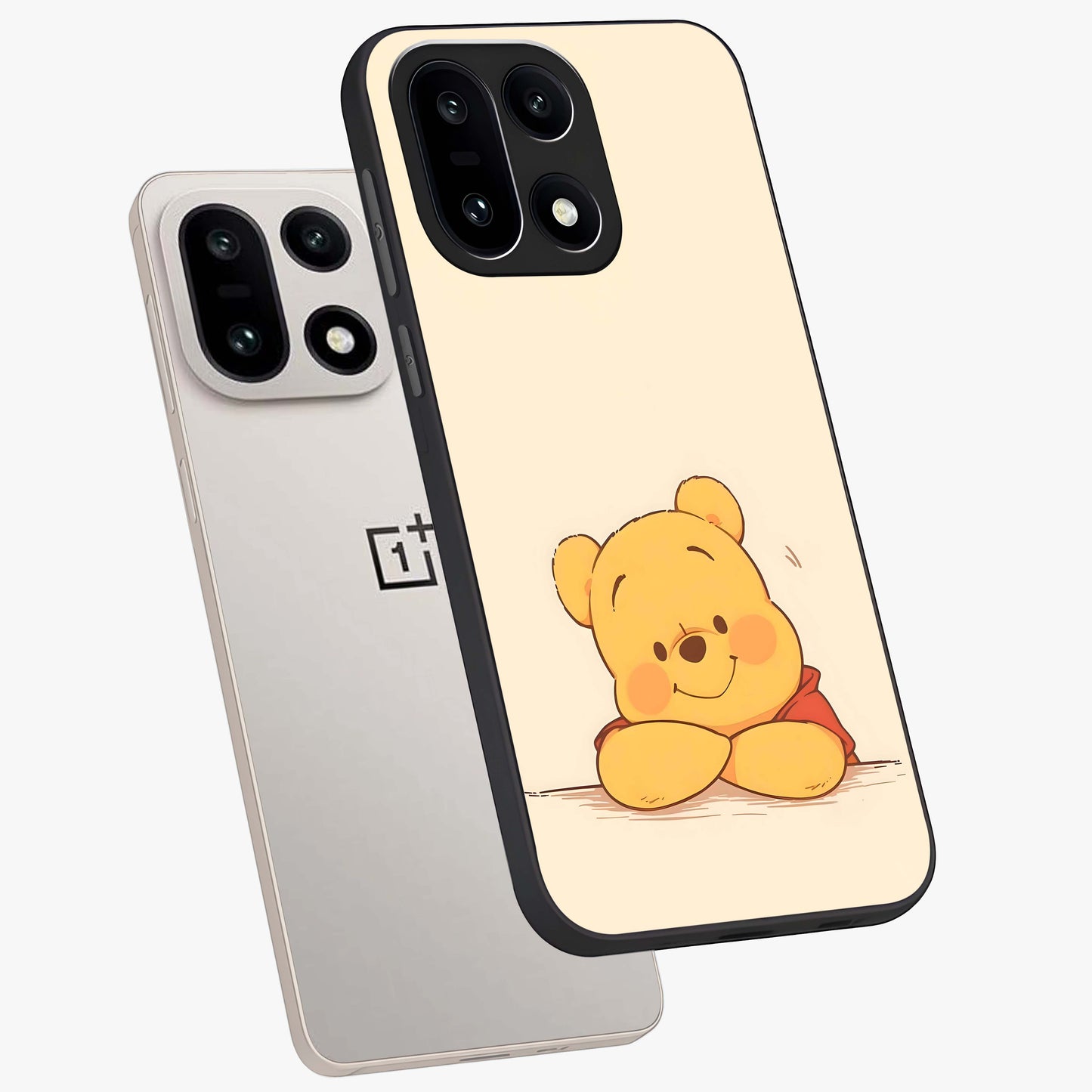 Winniethe Pooh Glass Case for 1+15 angled mockup showcasing glossy finish and soft playful tones