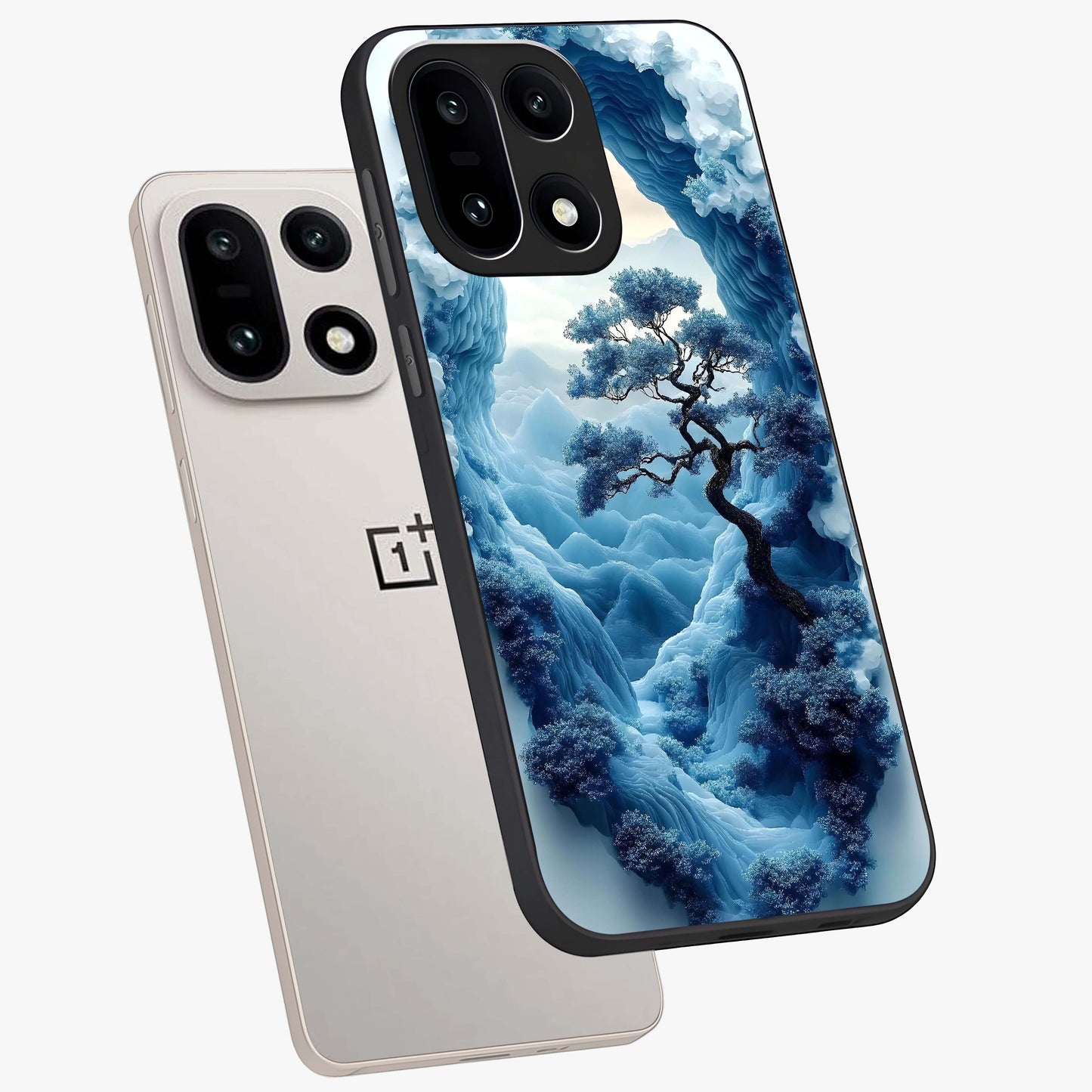 Winter Gate View Glass Case for 1+15 angled mockup showcasing glossy finish and cool winter gradients