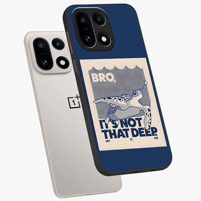 Worry Less Swim Glass Case for 1+15 angled mockup showcasing glossy finish and fresh ocean tones