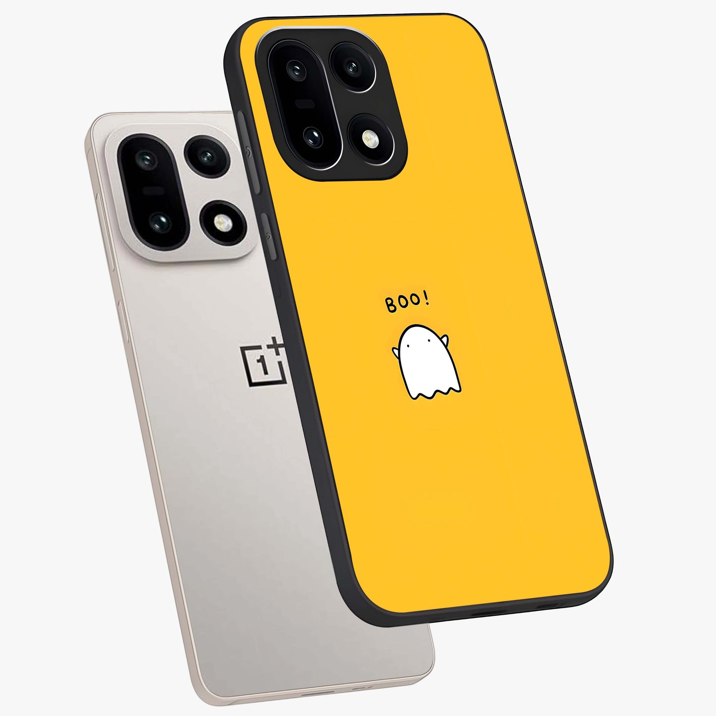 Yellow Boo Ghost Glass Case for 1+15 angled mockup showcasing glossy finish and fun animated detailing