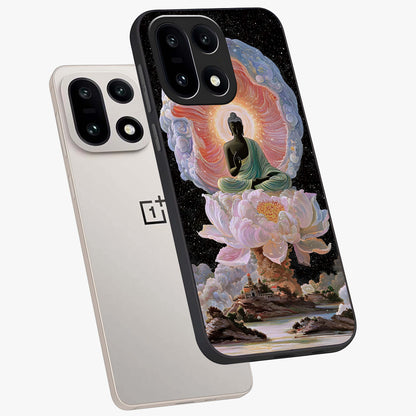 Zen Lotus Realm Glass Case for 1+15 angled mockup showcasing glossy finish and serene gradient detailing