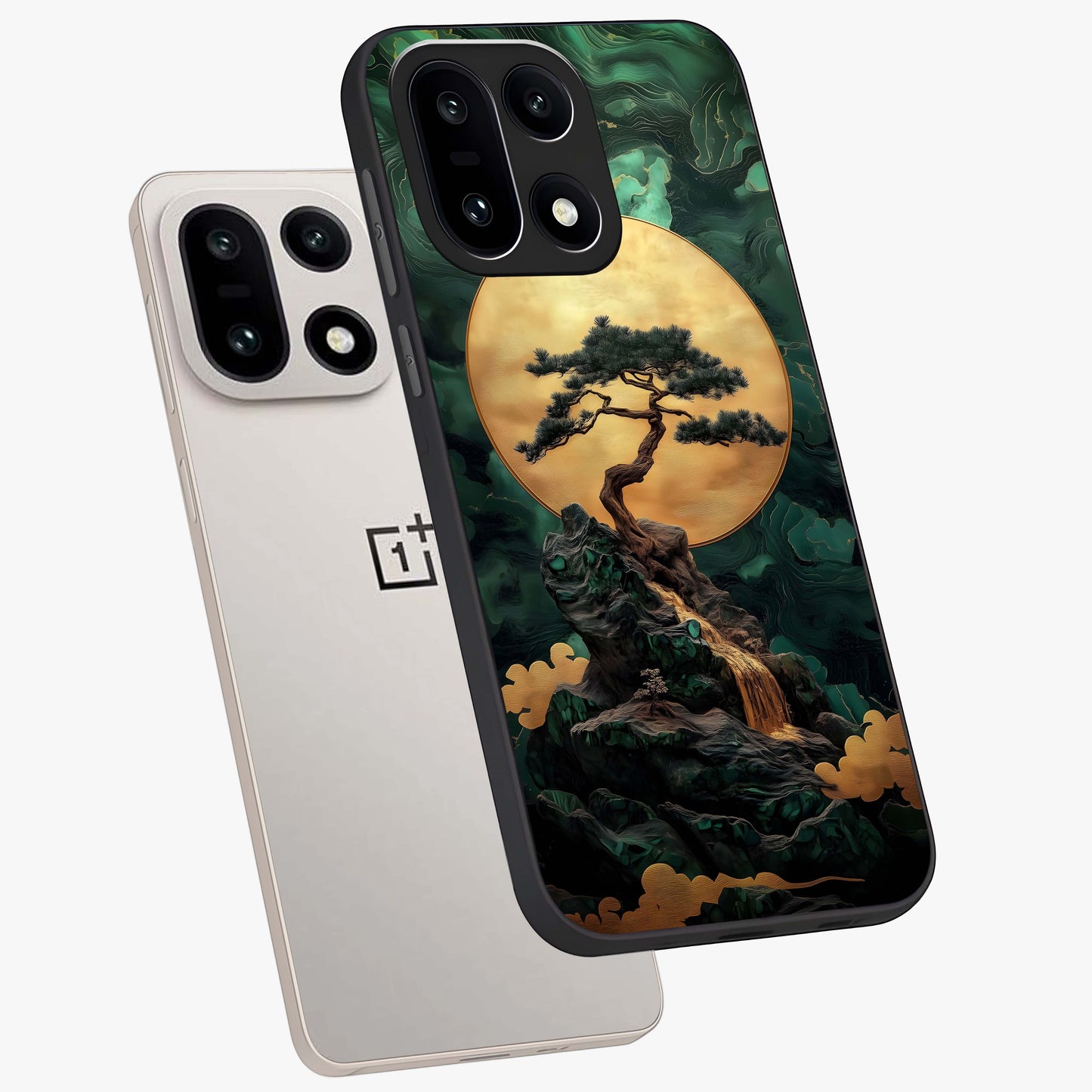 Zen Moon Rise Glass Case for 1+15 angled mockup showcasing glossy finish and soft night sky tones