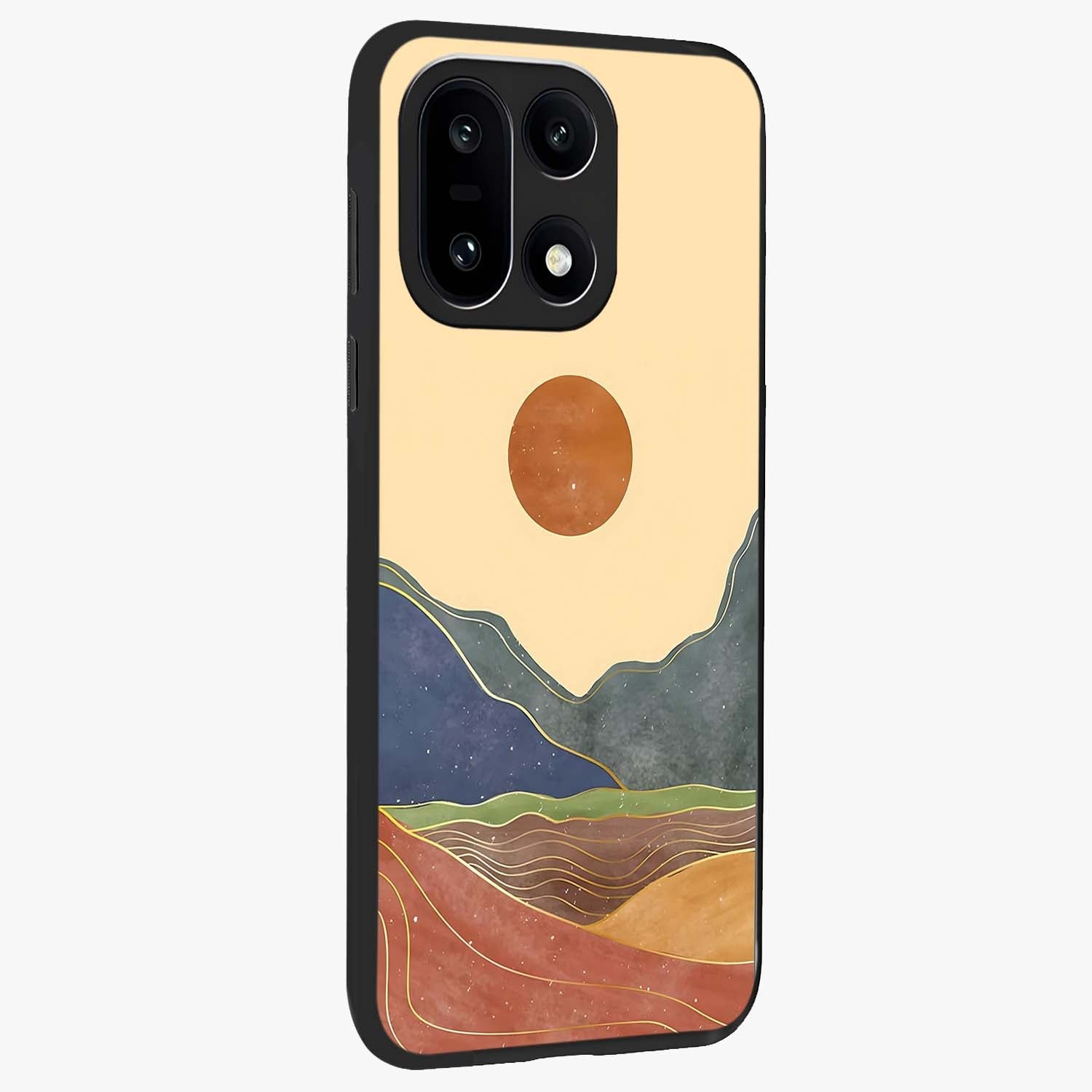 Abstract Mountain Glow Glass Case for 1+15 side perspective highlighting luminous mountain design details