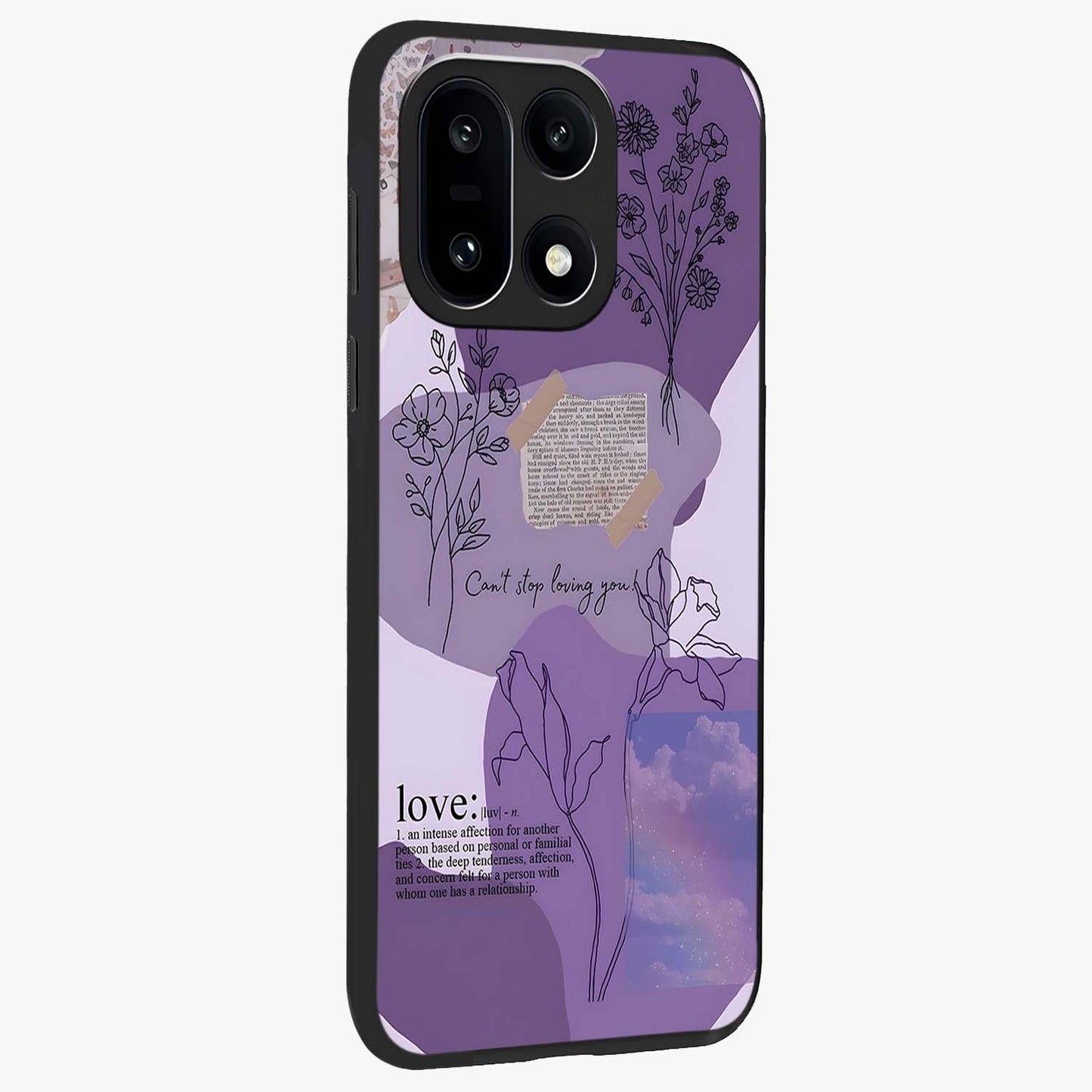 Aesthetic Love With Flower Glass Case for 1+15 side perspective highlighting delicate flower illustration details