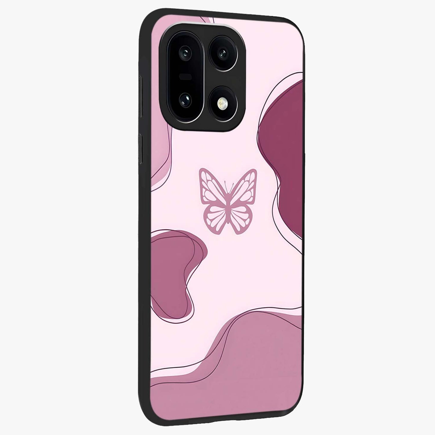 Aesthetic Pinkish Custom Name Butterfly Glass Case for 1+15 side perspective highlighting premium edges and butterfly detailing