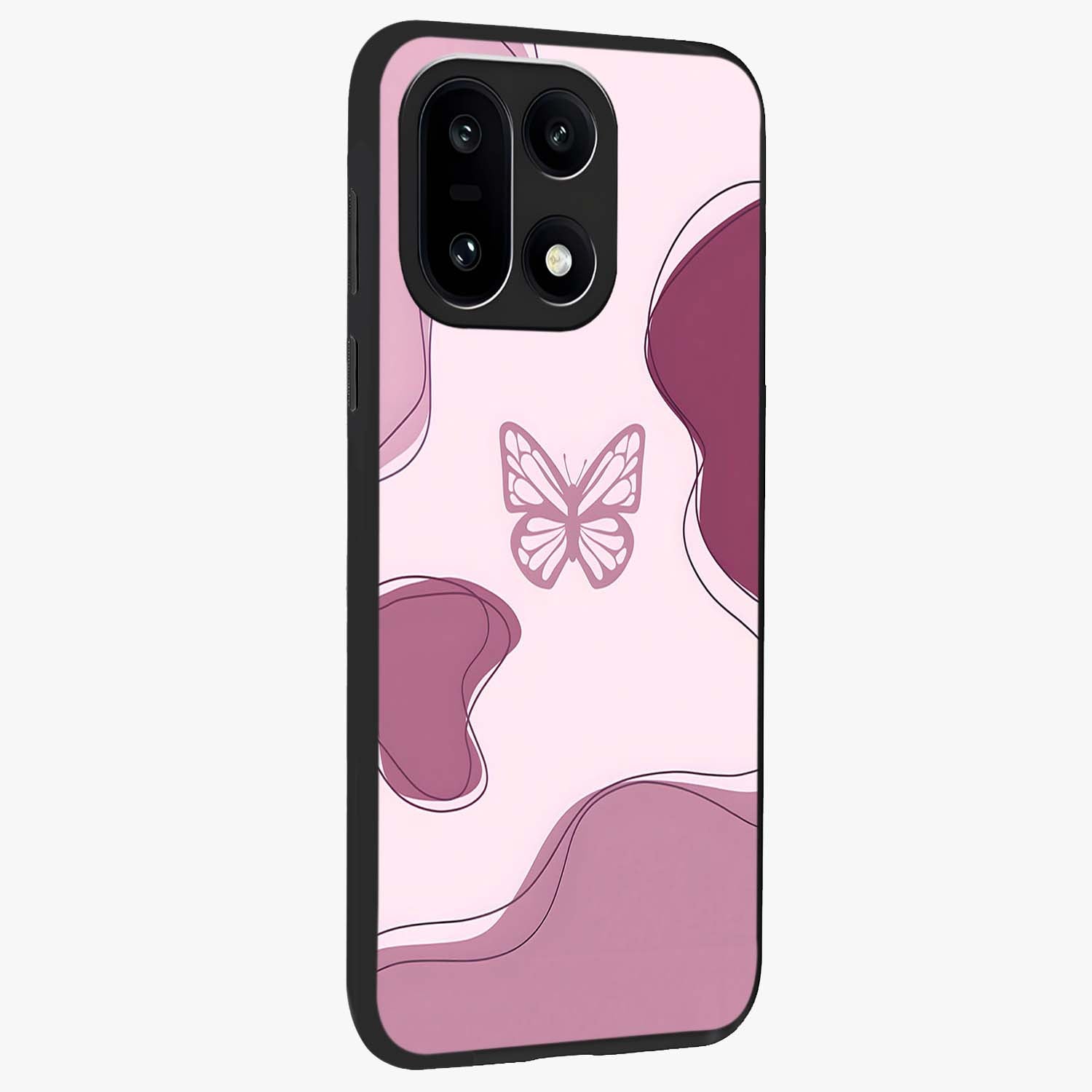 Aesthetic Pinkish Custom Name Butterfly Glass Case for 1+15 side perspective highlighting premium edges and butterfly detailing
