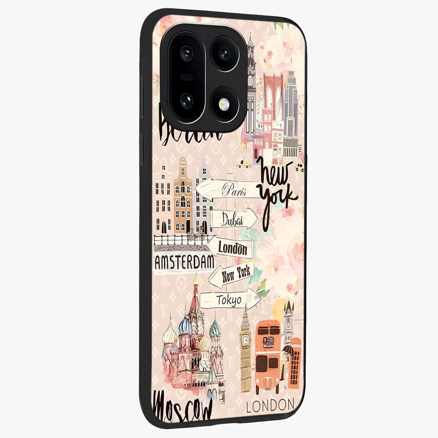 Aesthetic Travel Glass Case for 1+15 side perspective highlighting bold travel graphic details