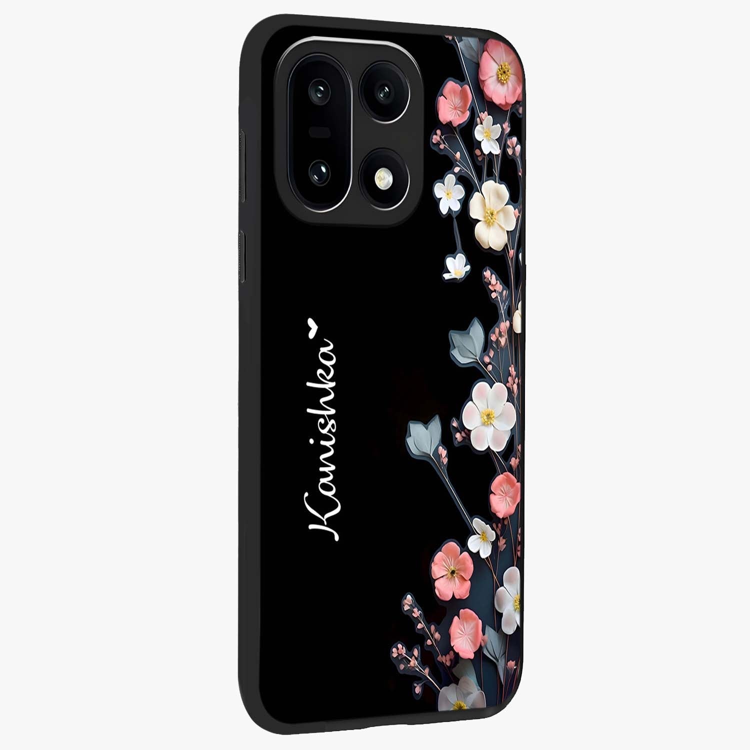 Black Elegance Floral Custom Name Glass Case for 1+15 side perspective highlighting elegant floral detailing and premium edges