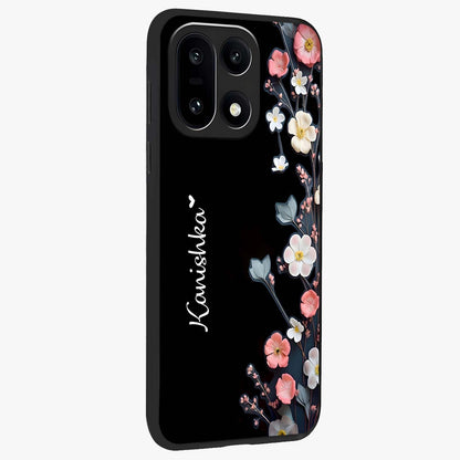 Black Elegance Floral Custom Name Glass Case for 1+15 side perspective highlighting elegant floral detailing and premium edges