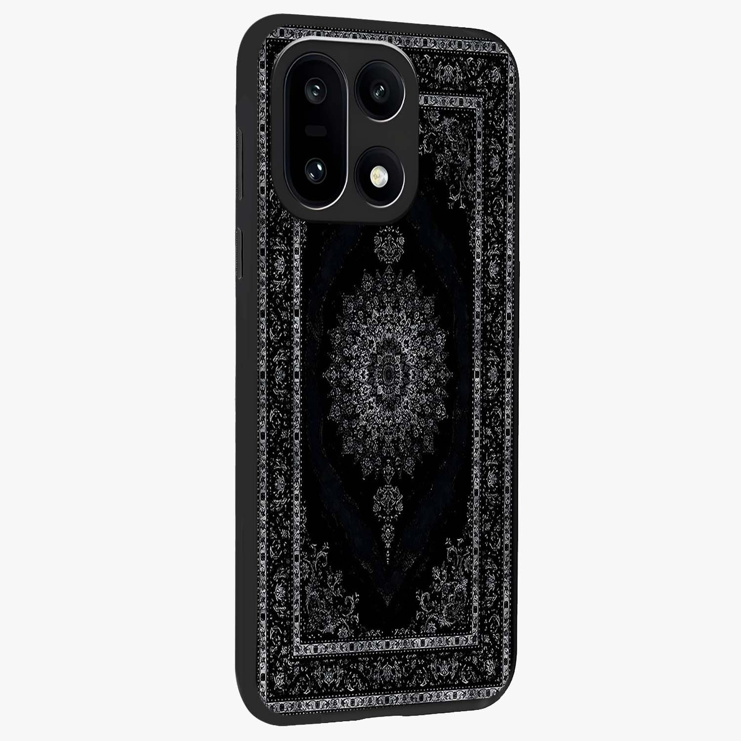 Black Persian Carpet Glass Case for 1+15 side perspective highlighting classic pattern textures and premium build