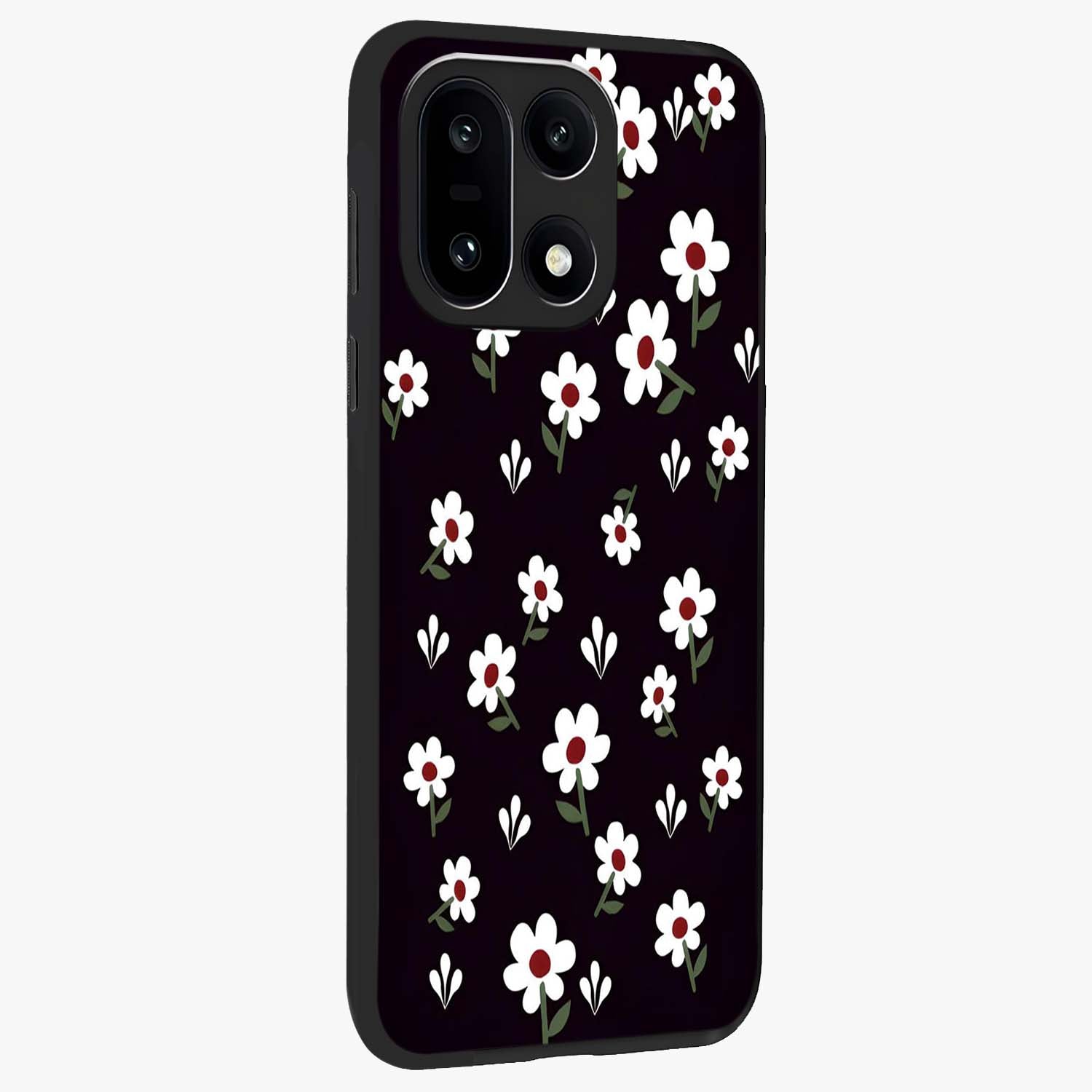 Black Prints Daisy Flower Pattern Glass Case for 1+15 side perspective highlighting delicate daisy details and smooth edges