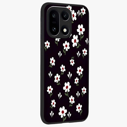 Black Prints Daisy Flower Pattern Glass Case for 1+15 side perspective highlighting delicate daisy details and smooth edges