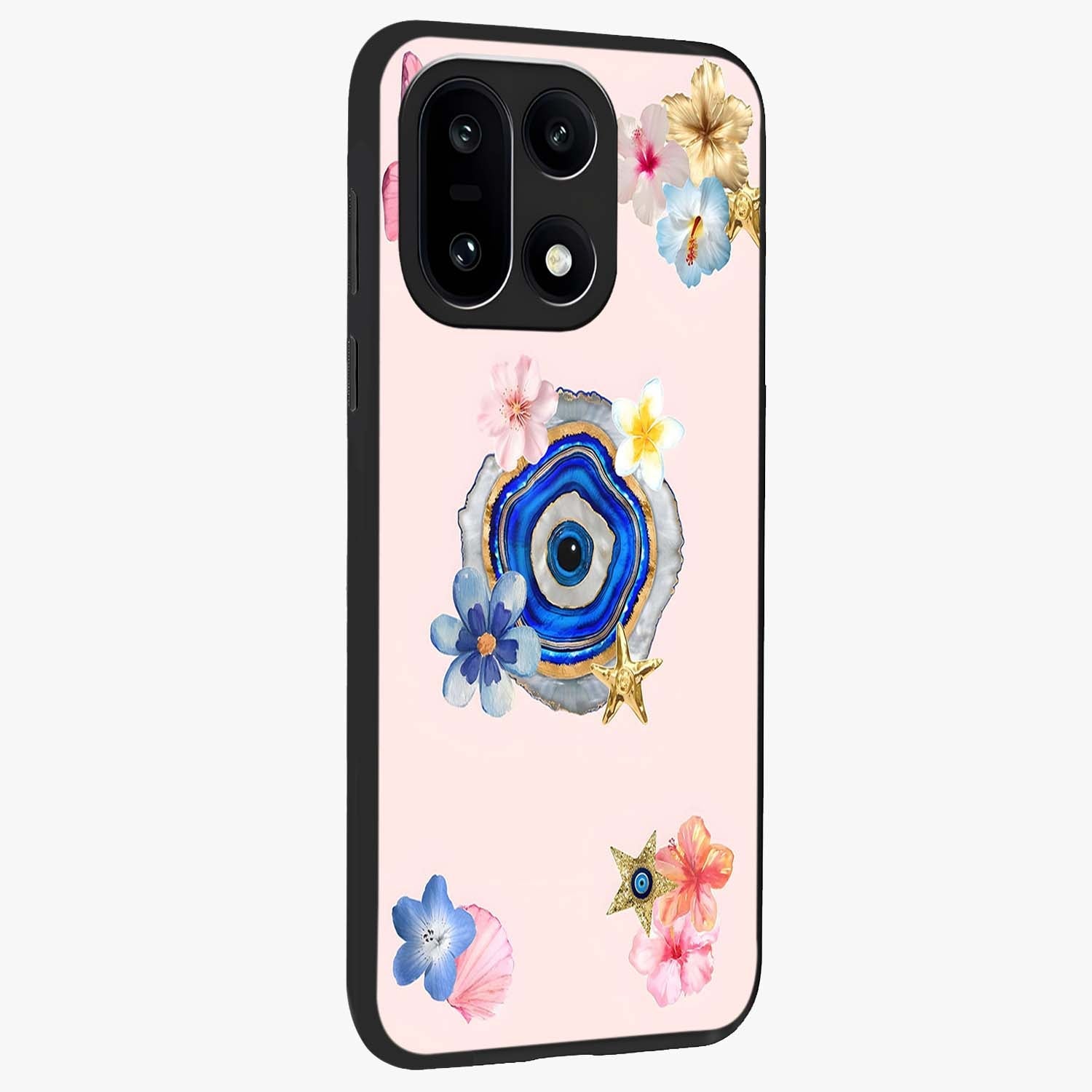 Blossom Evil Charm Glass Case for 1+15 side perspective highlighting delicate blossom detailing and bold symbol contrast