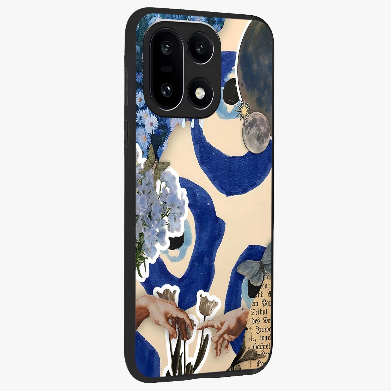 Blue Evil Divine Glass Case for 1+15 side perspective highlighting protective charm detailing and smooth premium edges