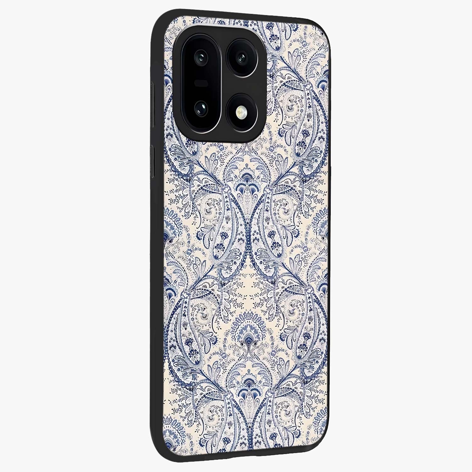 Blue Paisley Bloom Glass Case for 1+15 side perspective highlighting elegant paisley textures and premium build